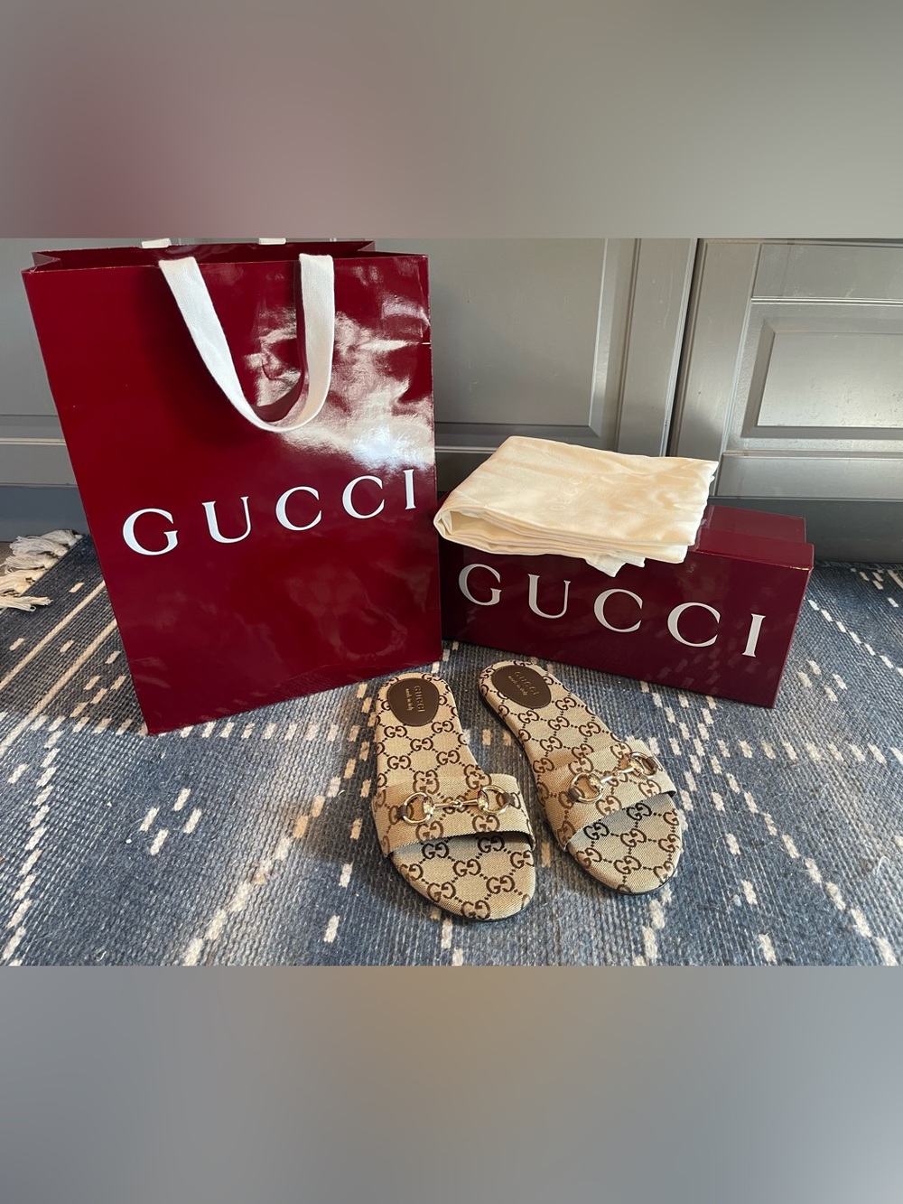 Gucci Beige GG Logo Horsebit Slide Sandals